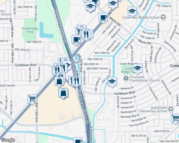 map of restaurants, bars, coffee shops, grocery stores, and more near 10510 Southwest 201st Terrace in Cutler Bay