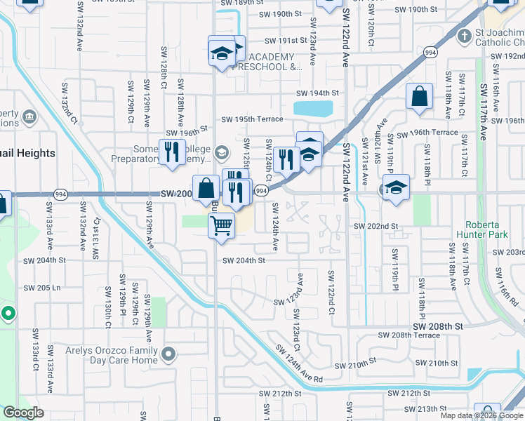 map of restaurants, bars, coffee shops, grocery stores, and more near 20126 Southwest 124th Court in Miami