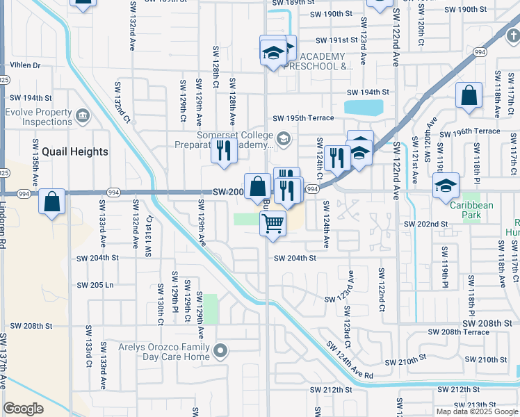 map of restaurants, bars, coffee shops, grocery stores, and more near 20094-20136 Southwest 127th Avenue in Miami