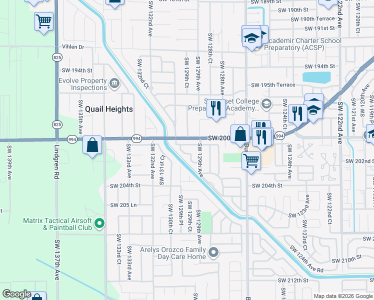 map of restaurants, bars, coffee shops, grocery stores, and more near 20117 Southwest 129th Court in Miami