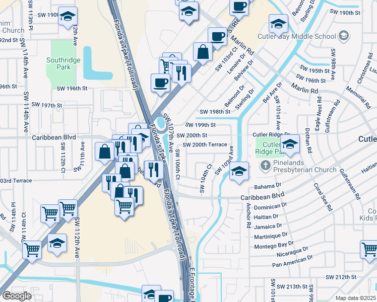 map of restaurants, bars, coffee shops, grocery stores, and more near 10510 Southwest 201st Terrace in Cutler Bay