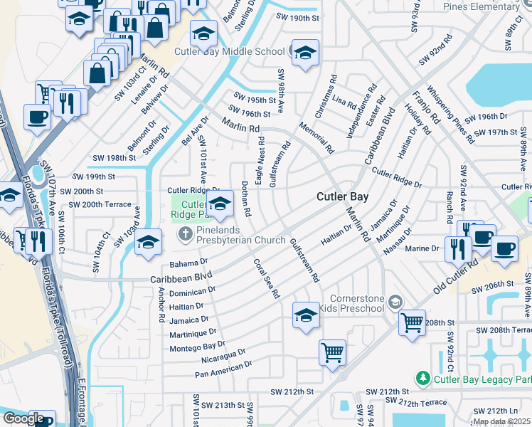 map of restaurants, bars, coffee shops, grocery stores, and more near 20111 Eagle Nest Road in Cutler Bay
