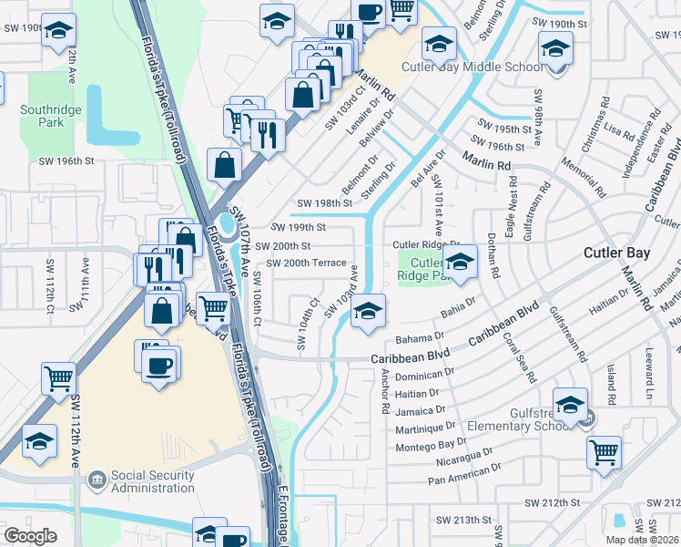 map of restaurants, bars, coffee shops, grocery stores, and more near 10350 Southwest 201st Terrace in Cutler Bay