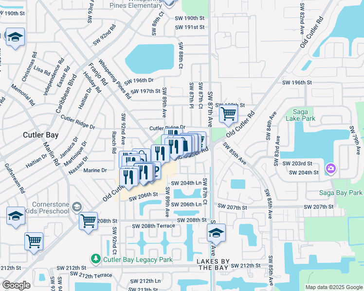 map of restaurants, bars, coffee shops, grocery stores, and more near 20191 Old Cutler Road in Cutler Bay