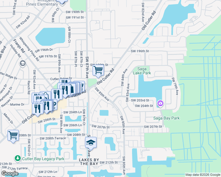 map of restaurants, bars, coffee shops, grocery stores, and more near 8461 Southwest 201st Street in Cutler Bay