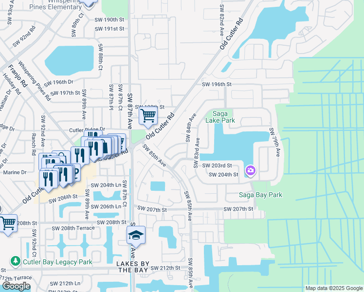 map of restaurants, bars, coffee shops, grocery stores, and more near 8431 Southwest 202nd Street in Cutler Bay