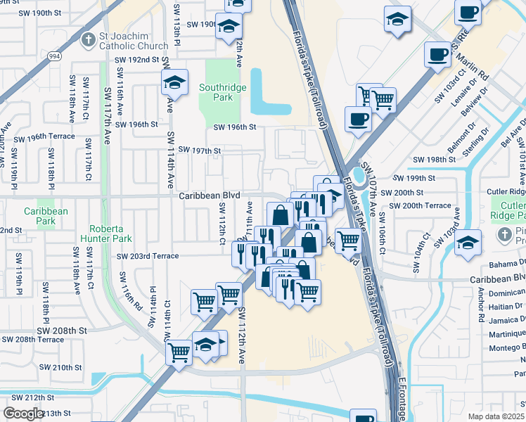 map of restaurants, bars, coffee shops, grocery stores, and more near 20121 Southwest 111th Avenue in Cutler Bay