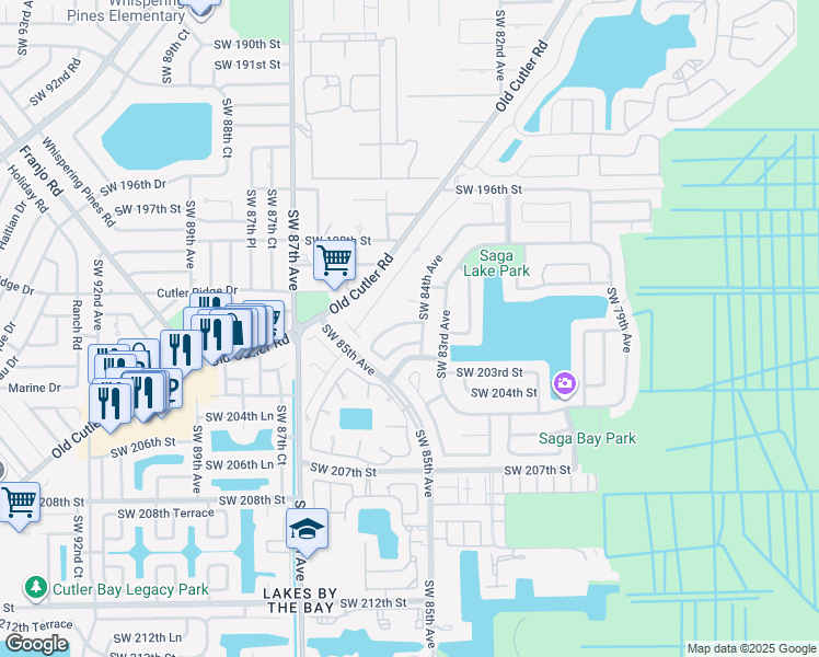 map of restaurants, bars, coffee shops, grocery stores, and more near 8431 Southwest 202nd Street in Cutler Bay