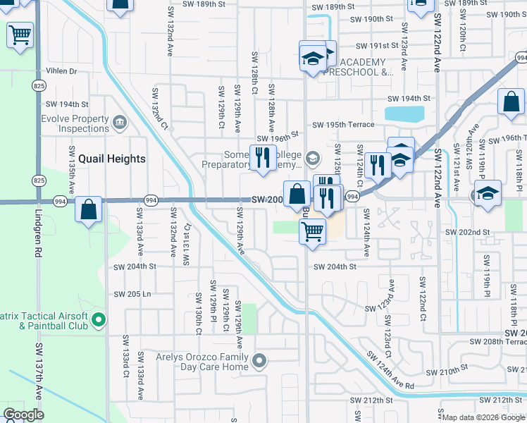 map of restaurants, bars, coffee shops, grocery stores, and more near 20113 Southwest 128th Place in Miami