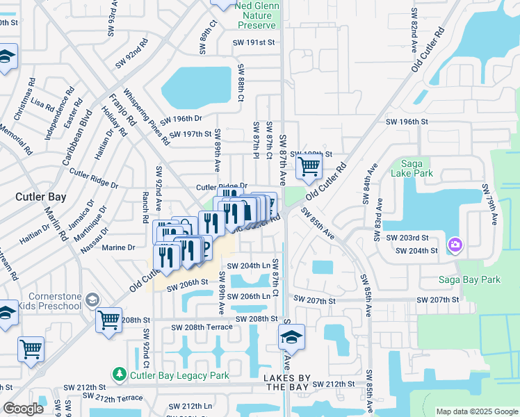 map of restaurants, bars, coffee shops, grocery stores, and more near 20191 Old Cutler Road in Cutler Bay