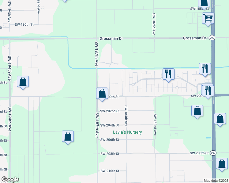 map of restaurants, bars, coffee shops, grocery stores, and more near 18500-18598 Southwest 200th Street in Miami