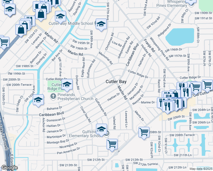 map of restaurants, bars, coffee shops, grocery stores, and more near 9741 Bahama Drive in Cutler Bay
