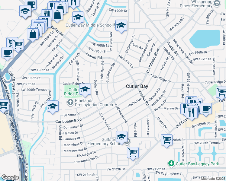map of restaurants, bars, coffee shops, grocery stores, and more near 20000 Island Road in Cutler Bay