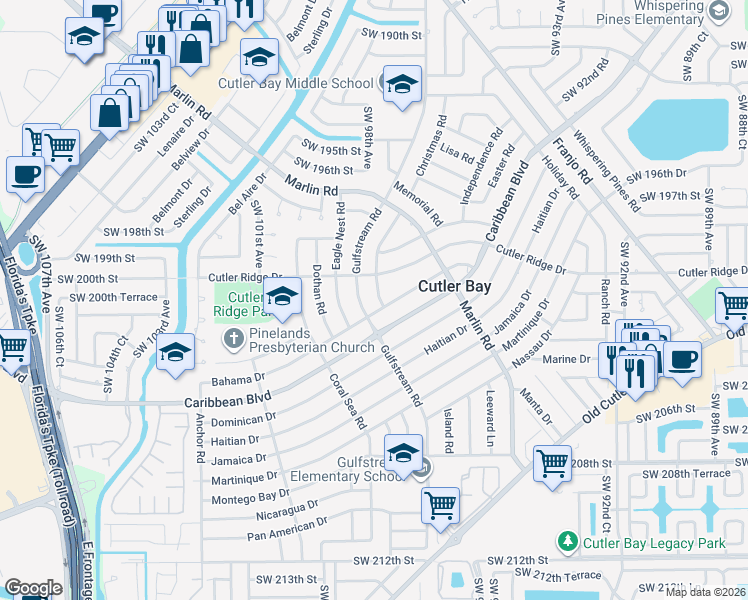 map of restaurants, bars, coffee shops, grocery stores, and more near 20000 Island Road in Cutler Bay