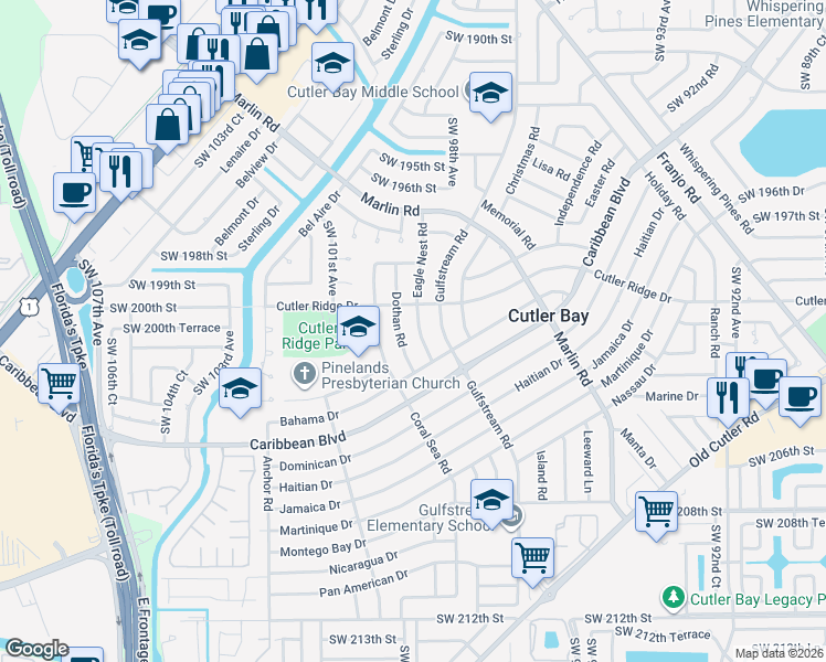 map of restaurants, bars, coffee shops, grocery stores, and more near 20000 Eagle Nest Road in Cutler Bay