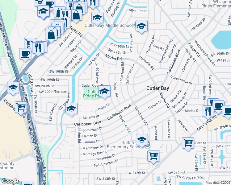 map of restaurants, bars, coffee shops, grocery stores, and more near 20000 Eagle Nest Road in Cutler Bay