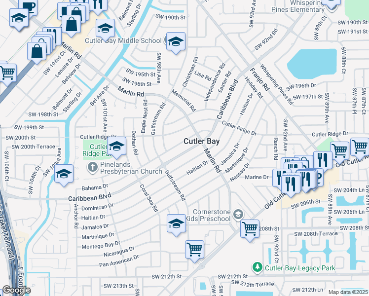 map of restaurants, bars, coffee shops, grocery stores, and more near 9741 Bahama Drive in Cutler Bay