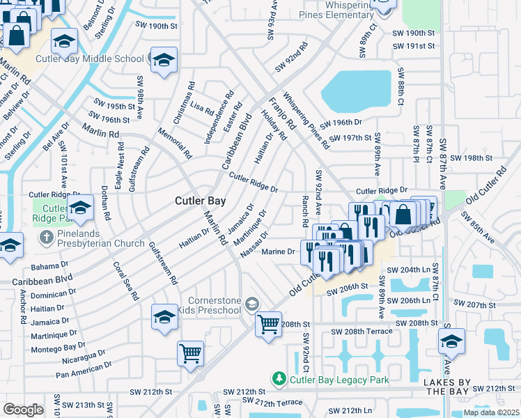 map of restaurants, bars, coffee shops, grocery stores, and more near 9341 Martinique Drive in Cutler Bay
