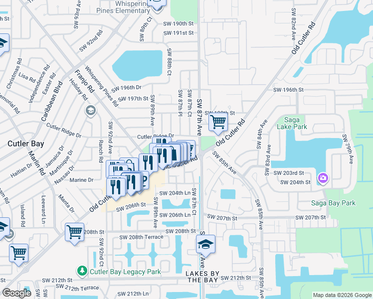 map of restaurants, bars, coffee shops, grocery stores, and more near 8721 Southwest 200th Terrace in Cutler Bay