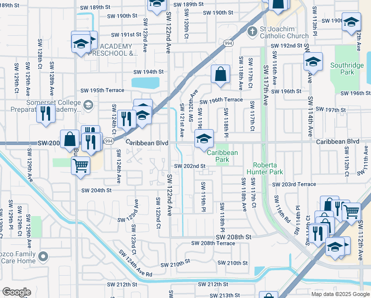 map of restaurants, bars, coffee shops, grocery stores, and more near 19922 Southwest 121st Avenue in Miami