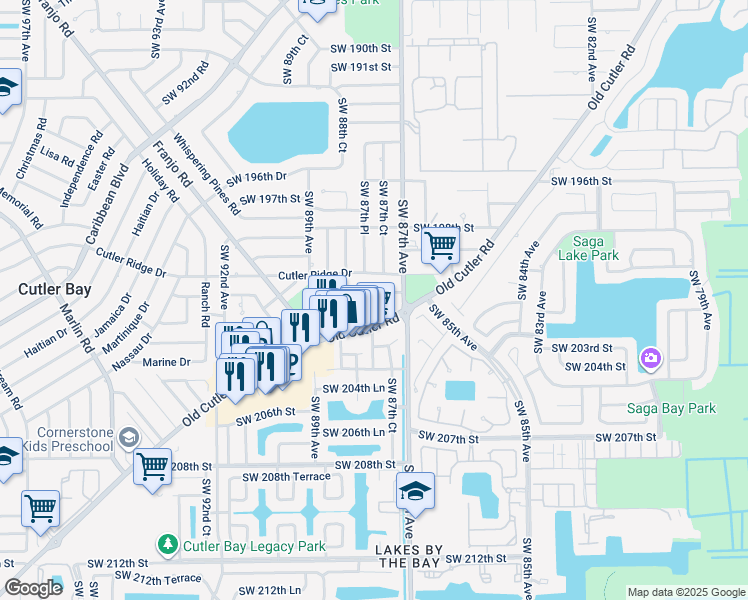 map of restaurants, bars, coffee shops, grocery stores, and more near 8721 Southwest 200th Terrace in Cutler Bay