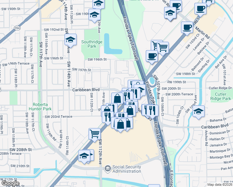 map of restaurants, bars, coffee shops, grocery stores, and more near 11000 Southwest 200th Street in Cutler Bay