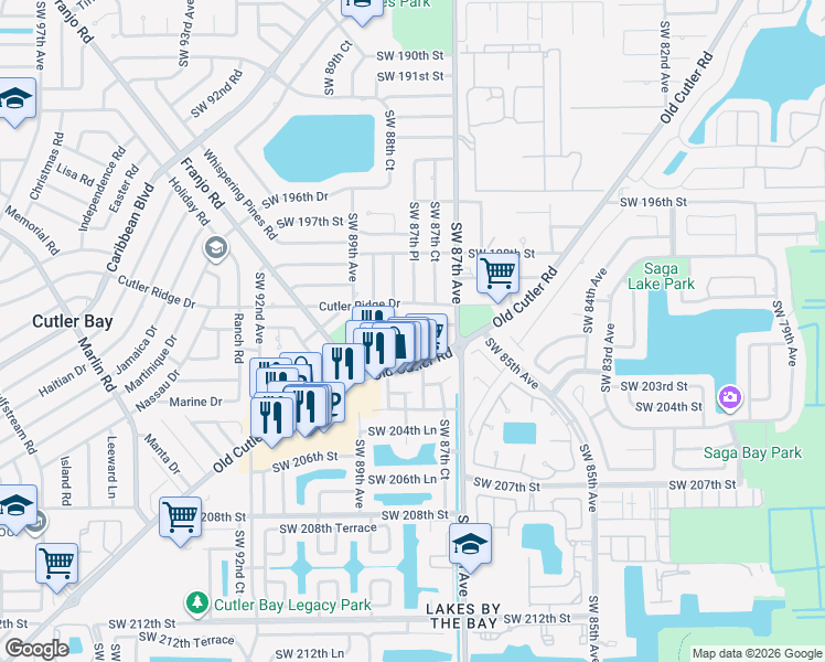 map of restaurants, bars, coffee shops, grocery stores, and more near 8781 Southwest 200th Terrace in Cutler Bay