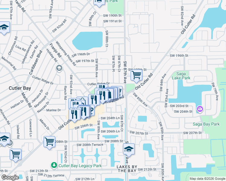 map of restaurants, bars, coffee shops, grocery stores, and more near 8781 Southwest 200th Terrace in Cutler Bay