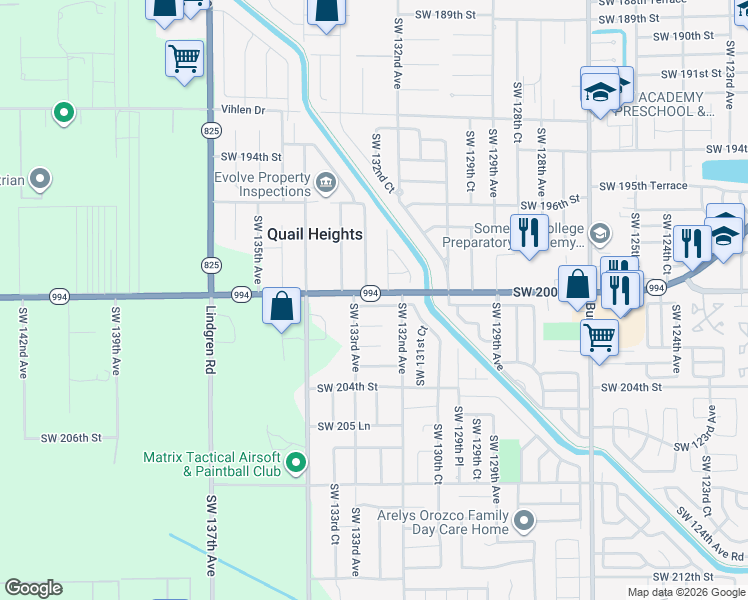 map of restaurants, bars, coffee shops, grocery stores, and more near 19990 Southwest 132nd Court in Miami