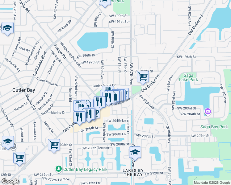 map of restaurants, bars, coffee shops, grocery stores, and more near 8781 Southwest 200th Terrace in Cutler Bay