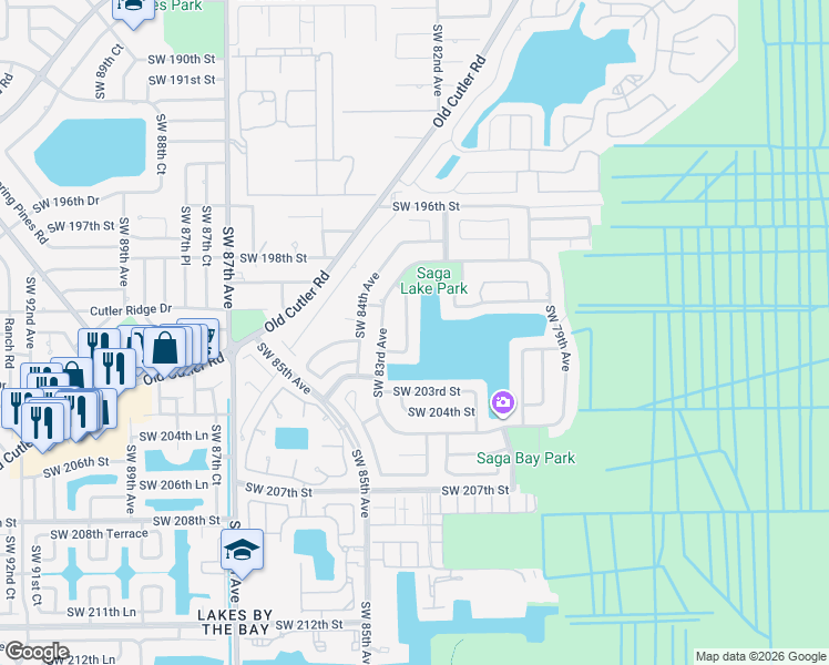 map of restaurants, bars, coffee shops, grocery stores, and more near 19941 Southwest 82nd Place in Cutler Bay