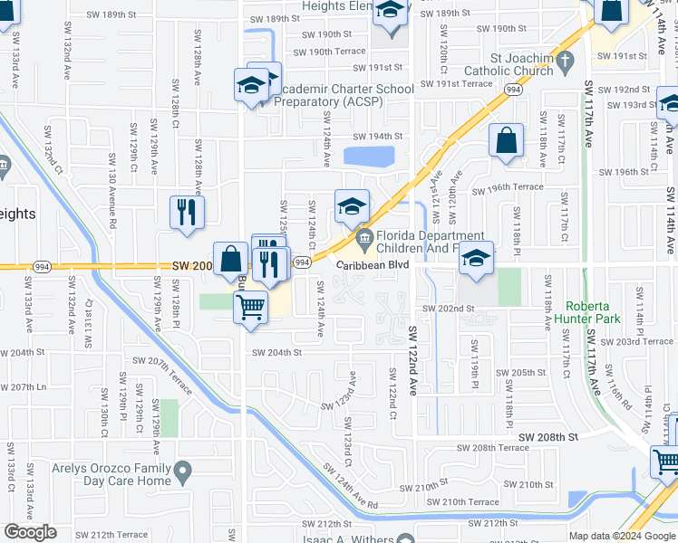 map of restaurants, bars, coffee shops, grocery stores, and more near 12398 Quail Roost Drive in Miami