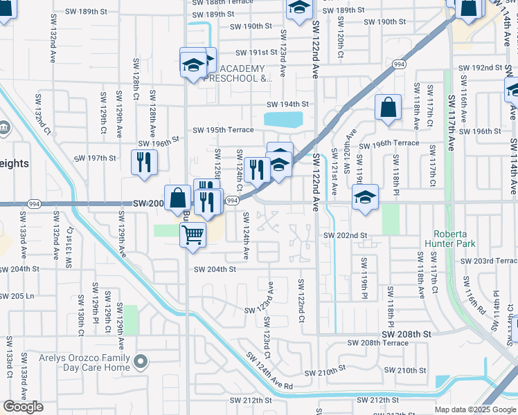 map of restaurants, bars, coffee shops, grocery stores, and more near 12398 Quail Roost Drive in Miami