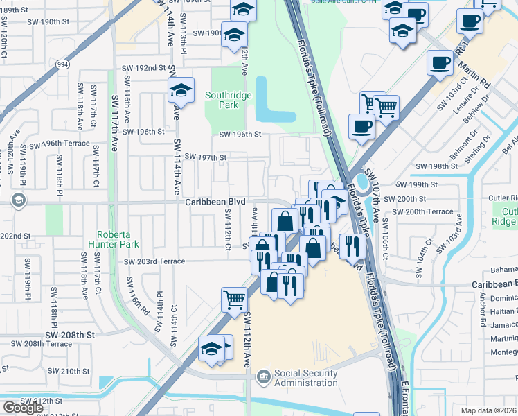 map of restaurants, bars, coffee shops, grocery stores, and more near in South Miami Heights