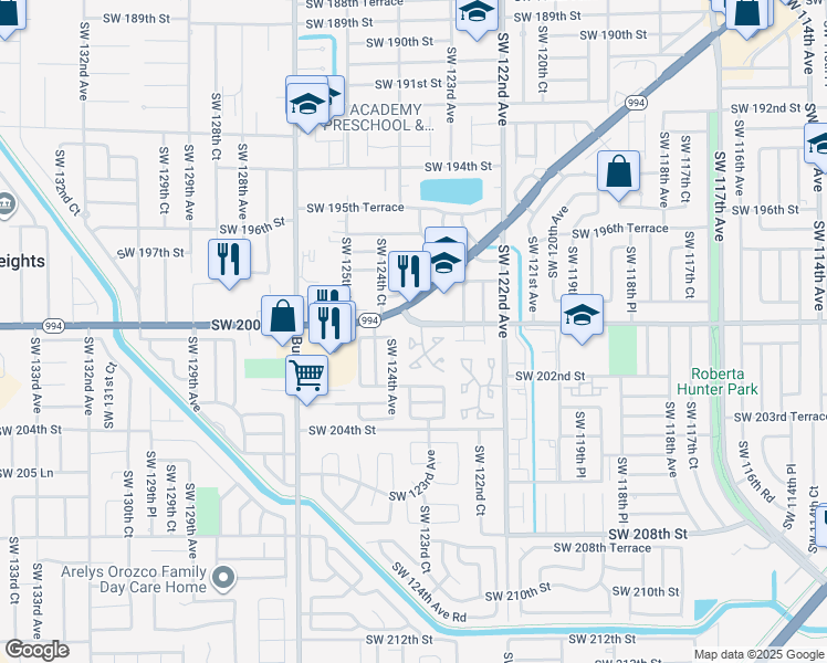 map of restaurants, bars, coffee shops, grocery stores, and more near 12398 Quail Roost Drive in Miami
