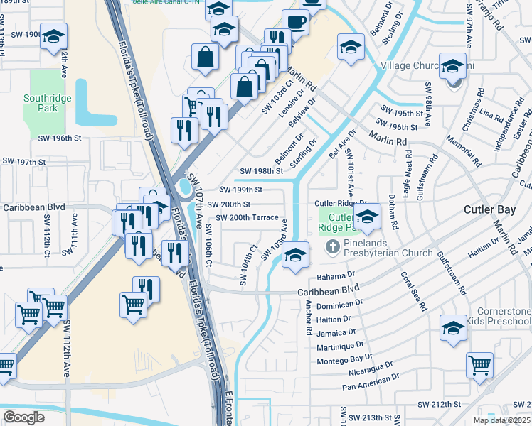 map of restaurants, bars, coffee shops, grocery stores, and more near 10401 Southwest 200th Terrace in Cutler Bay