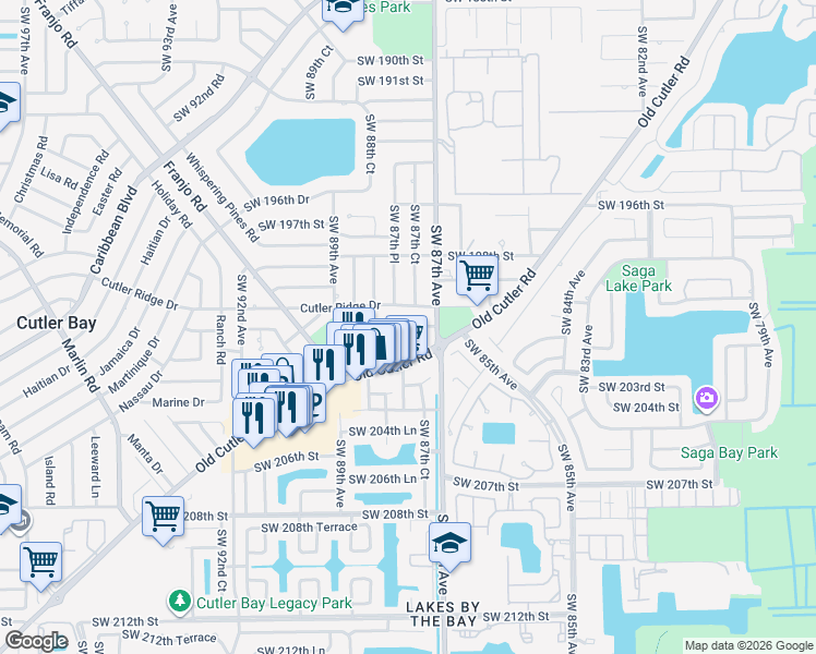 map of restaurants, bars, coffee shops, grocery stores, and more near 8721 Southwest 200th Terrace in Cutler Bay