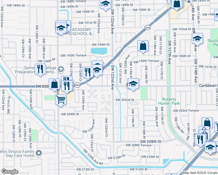 map of restaurants, bars, coffee shops, grocery stores, and more near in South Miami Heights