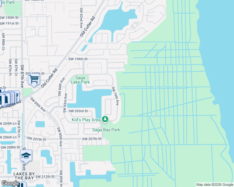map of restaurants, bars, coffee shops, grocery stores, and more near 20051 Southwest 79th Avenue in Cutler Bay