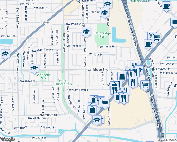 map of restaurants, bars, coffee shops, grocery stores, and more near 20000 Southwest 113th Place in Miami