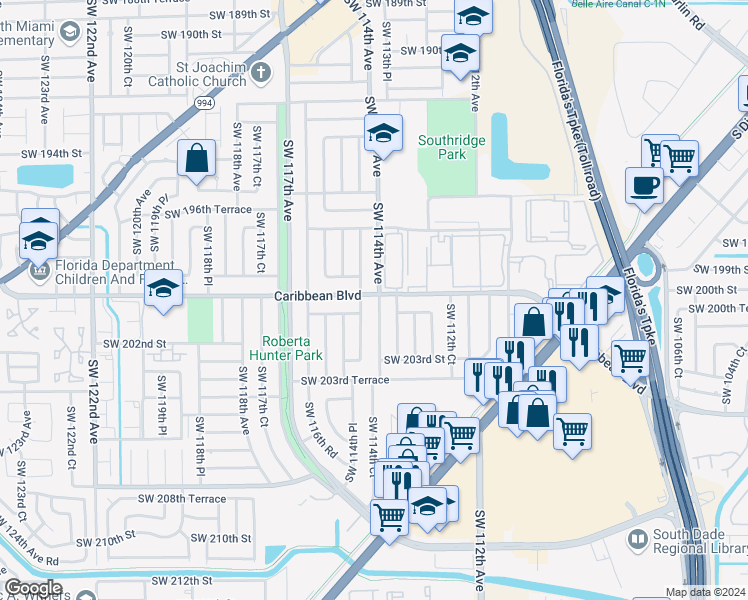 map of restaurants, bars, coffee shops, grocery stores, and more near 20000 Southwest 114th Avenue in Miami