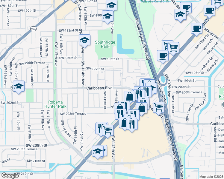 map of restaurants, bars, coffee shops, grocery stores, and more near in South Miami Heights