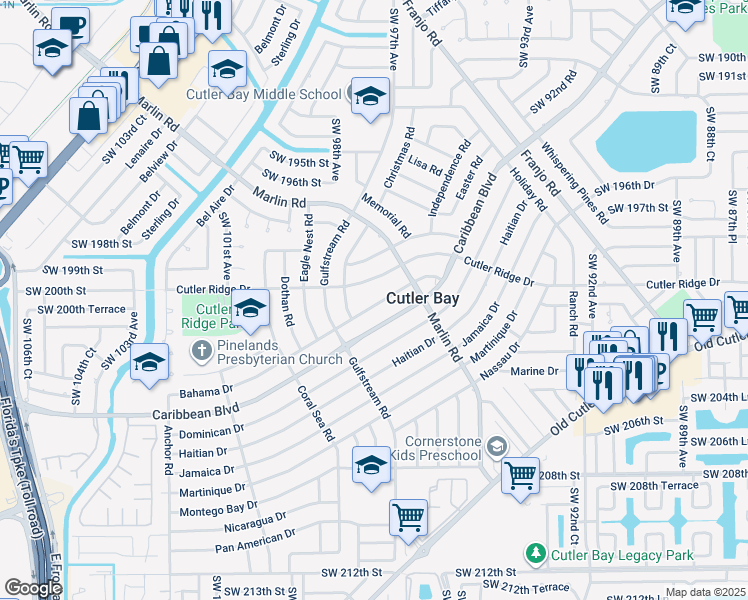 map of restaurants, bars, coffee shops, grocery stores, and more near 9741 Bahama Drive in Cutler Bay