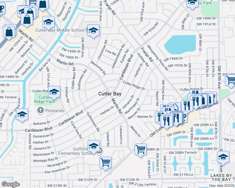 map of restaurants, bars, coffee shops, grocery stores, and more near 9560 Caribbean Boulevard in Cutler Bay