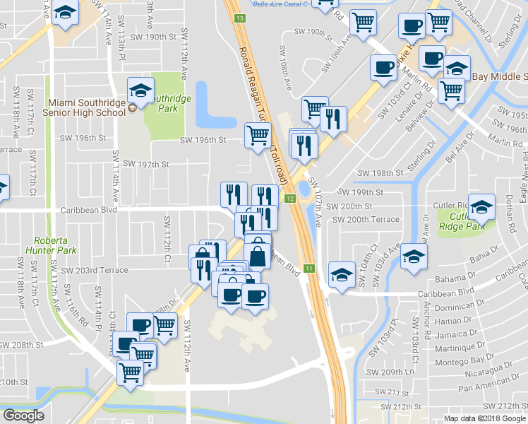map of restaurants, bars, coffee shops, grocery stores, and more near 20001 South Dixie Highway in Cutler Bay