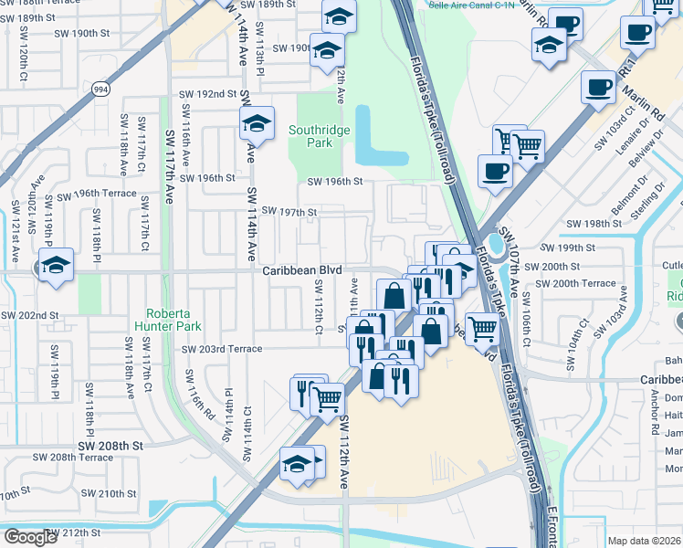 map of restaurants, bars, coffee shops, grocery stores, and more near in South Miami Heights