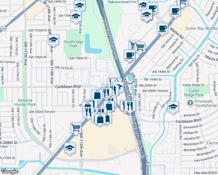 map of restaurants, bars, coffee shops, grocery stores, and more near 10820 Southwest 200th Drive in Miami