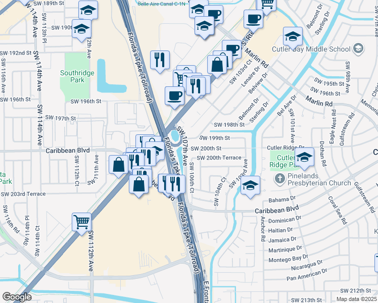 map of restaurants, bars, coffee shops, grocery stores, and more near 10630 Southwest 200th Street in Cutler Bay