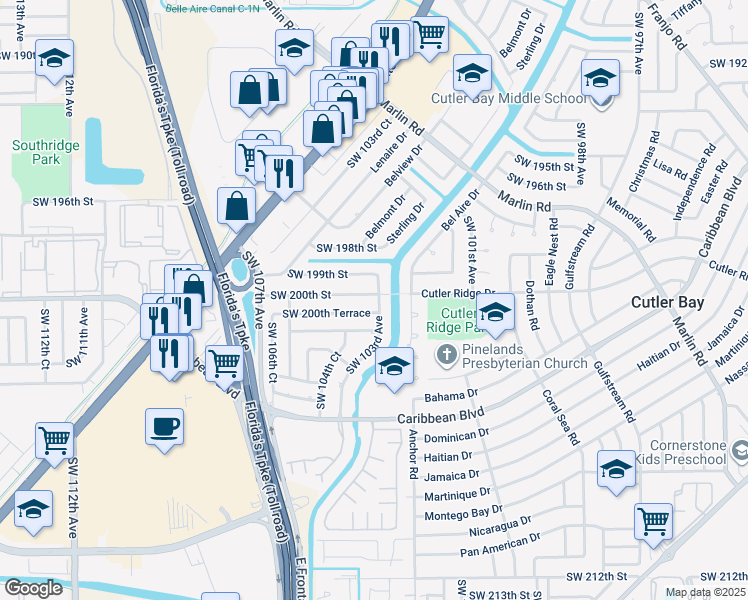 map of restaurants, bars, coffee shops, grocery stores, and more near 10350 Southwest 200th Street in Cutler Bay
