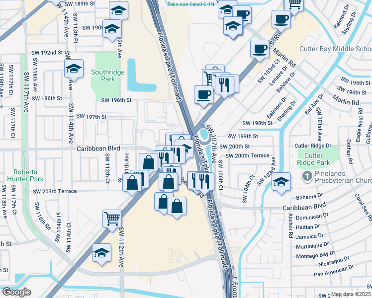 map of restaurants, bars, coffee shops, grocery stores, and more near 20001 South Dixie Highway in Cutler Bay